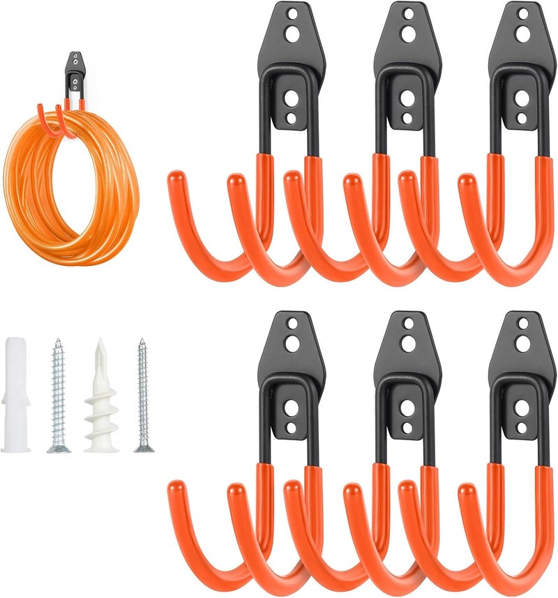 Pruite Upgraded Garage Hooks, 6 Pack Heavy Duty Wall Mount Steel Utility Hooks, Storage System Hooks for Power Tools, Garden Hose, Ladder, Bike, Cords, and More - Image 1